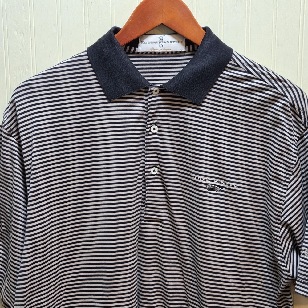 Fairway & Greene Polo Shirt Mens M Blue Stripe 100% Cotton Battle At The Bridges